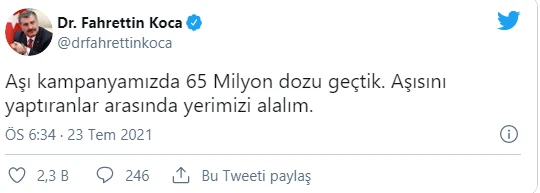 Bakan Koca açıkladı: Aşılamada sayı 65 milyonu geçti